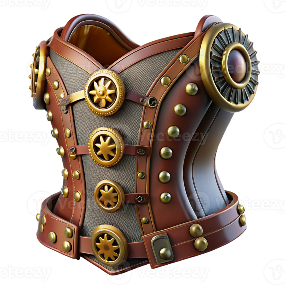 wonderful modern A steampunk corset, made of leather and metal, with intricate buckles and gears. Warm, ambient lighting, Victorian style, highly detailed detailed png