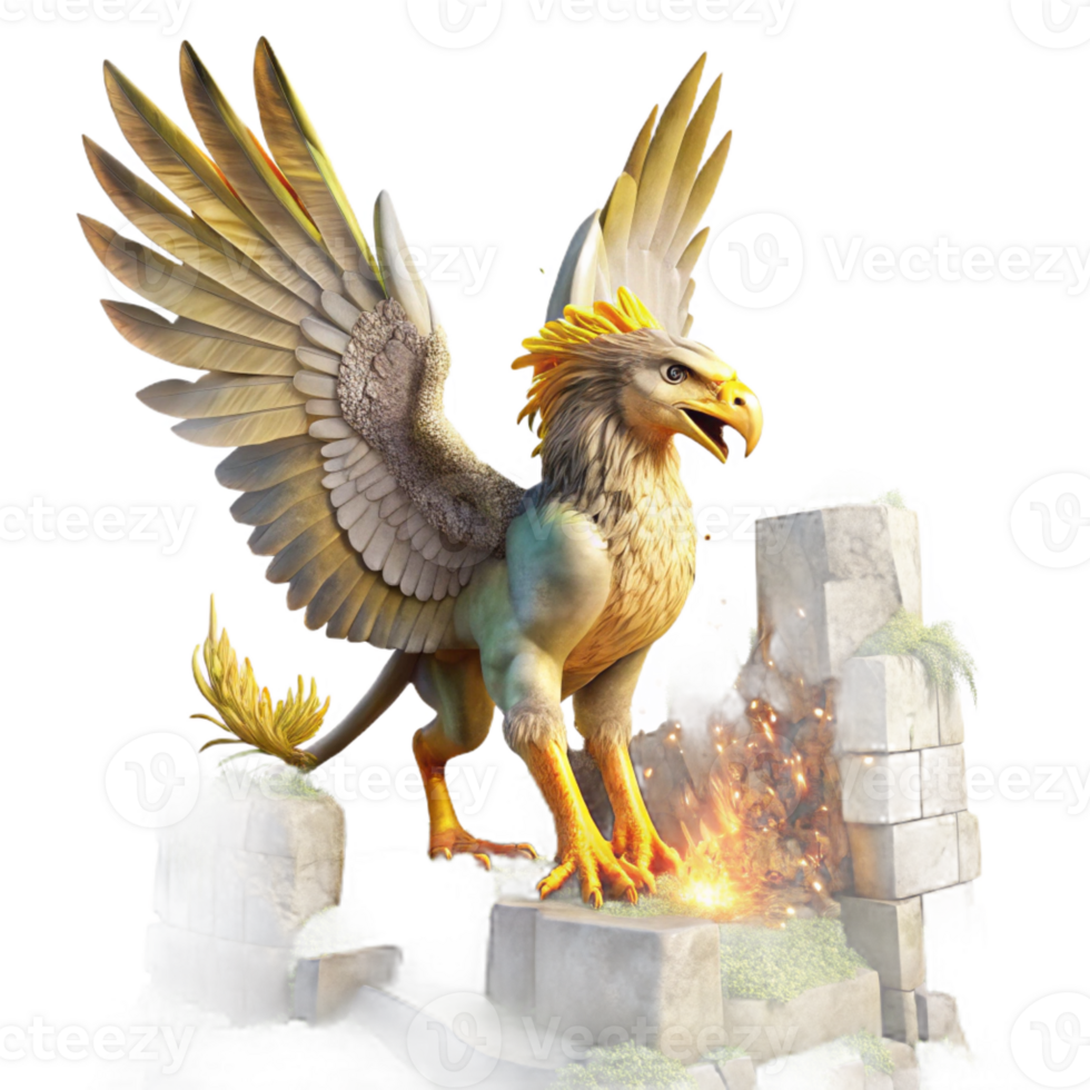 magnificent traditional A majestic griffin with iridescent feathers taking flight from a crumbling, moss-covered ruin, bathed in golden sunlight, digital painting style high resolution png