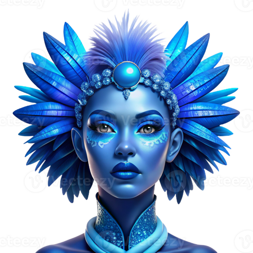 wonderful traditional Portrait of a woman with vibrant blue makeup and elaborate headwear adorned with feathers, lit by dramatic chiaroscuro lighting, in an Art Deco style authentic png