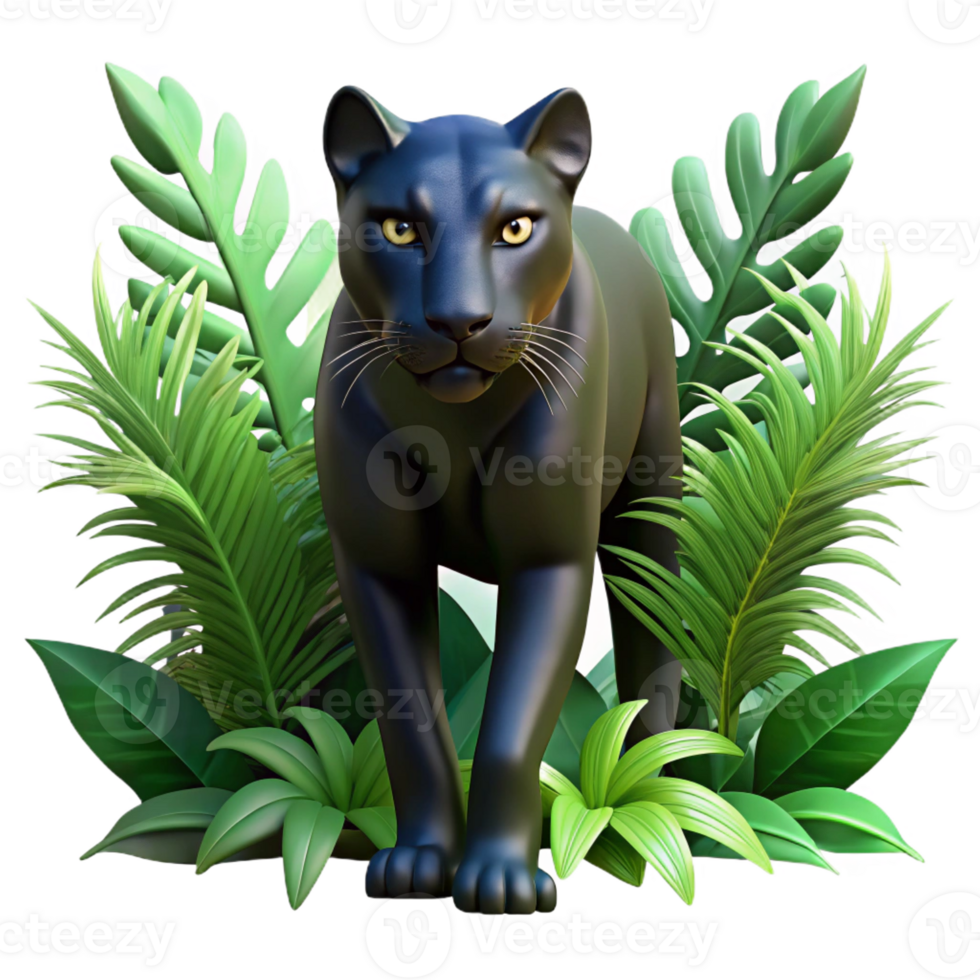 serene creative A sleek black panther prowling through dense jungle foliage, its eyes glowing intensely in the dappled shade. Art Deco style exclusive png