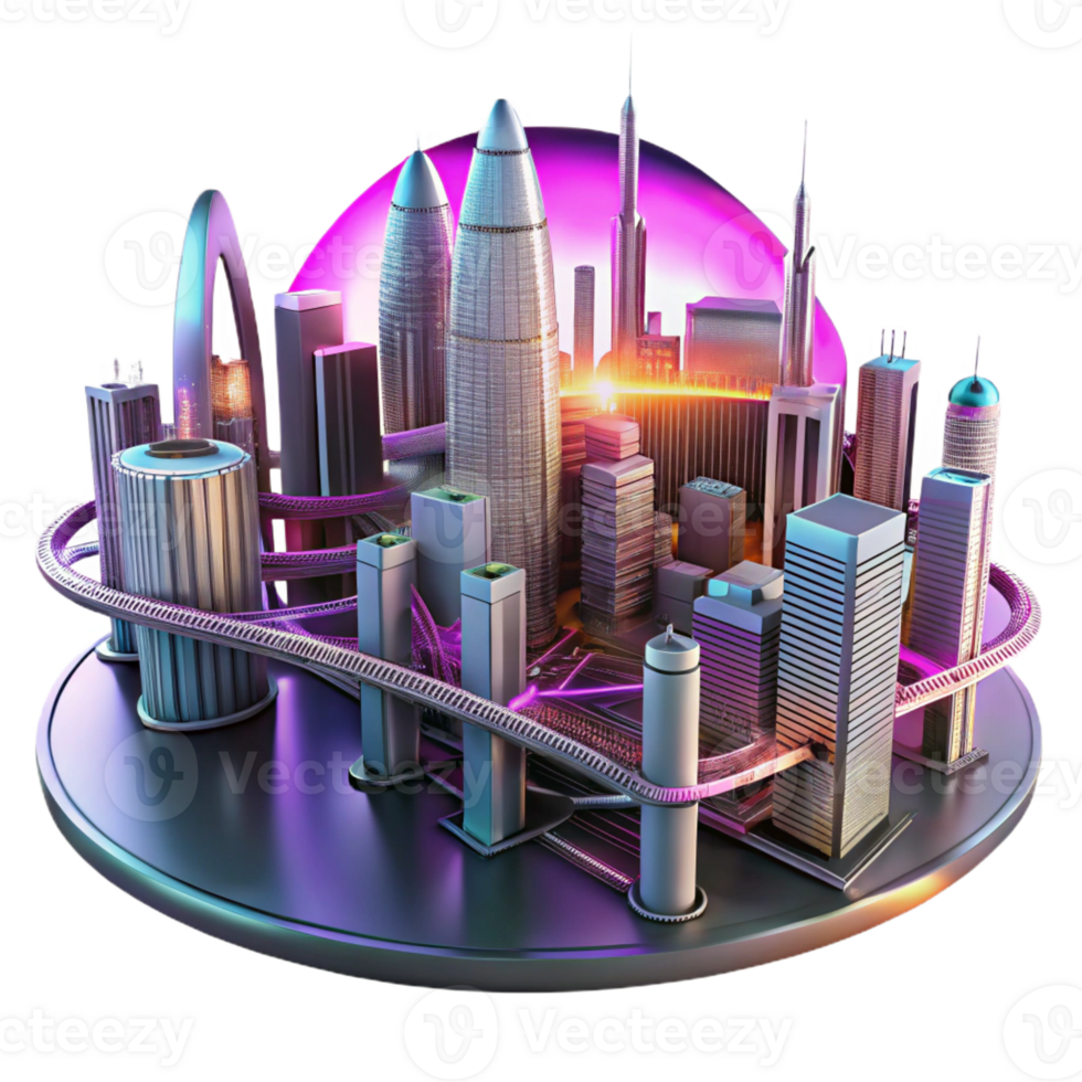 beautiful vintage A futuristic cityscape with sleek, chrome skyscrapers connected by glowing energy bridges, lit by a vibrant magenta sunset. Cyberpunk style, digital art, 8k resolution original png