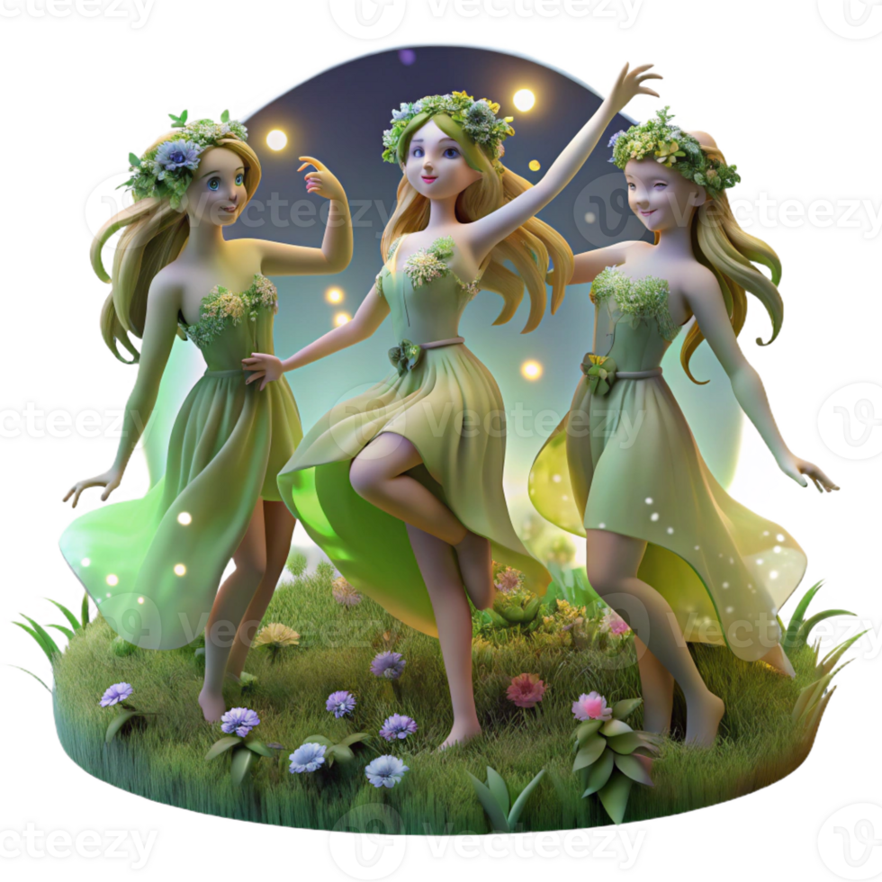 dramatic contemporary A group of playful forest nymphs dancing in a moonlit glade, adorned with flowers and glowing moss. Soft, ethereal lighting. Pre-Raphaelite style 4K png