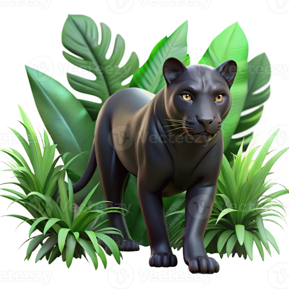 vibrant traditional A sleek black panther prowling through dense jungle foliage, dappled sunlight, photorealistic style with shallow depth of field exclusive png