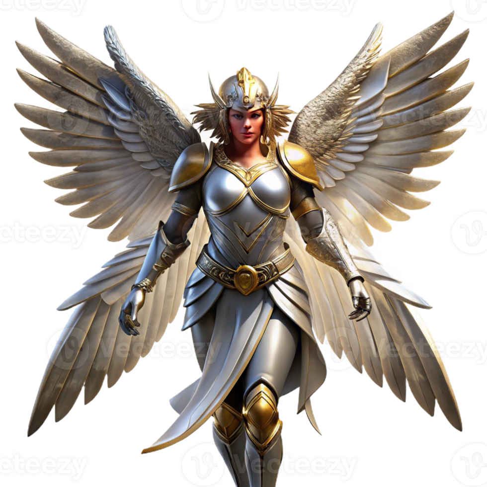 impressive rustic A powerful, winged Valkyrie, clad in gleaming armor, descending from the heavens. Dramatic, chiaroscuro lighting. Digital painting style professional png