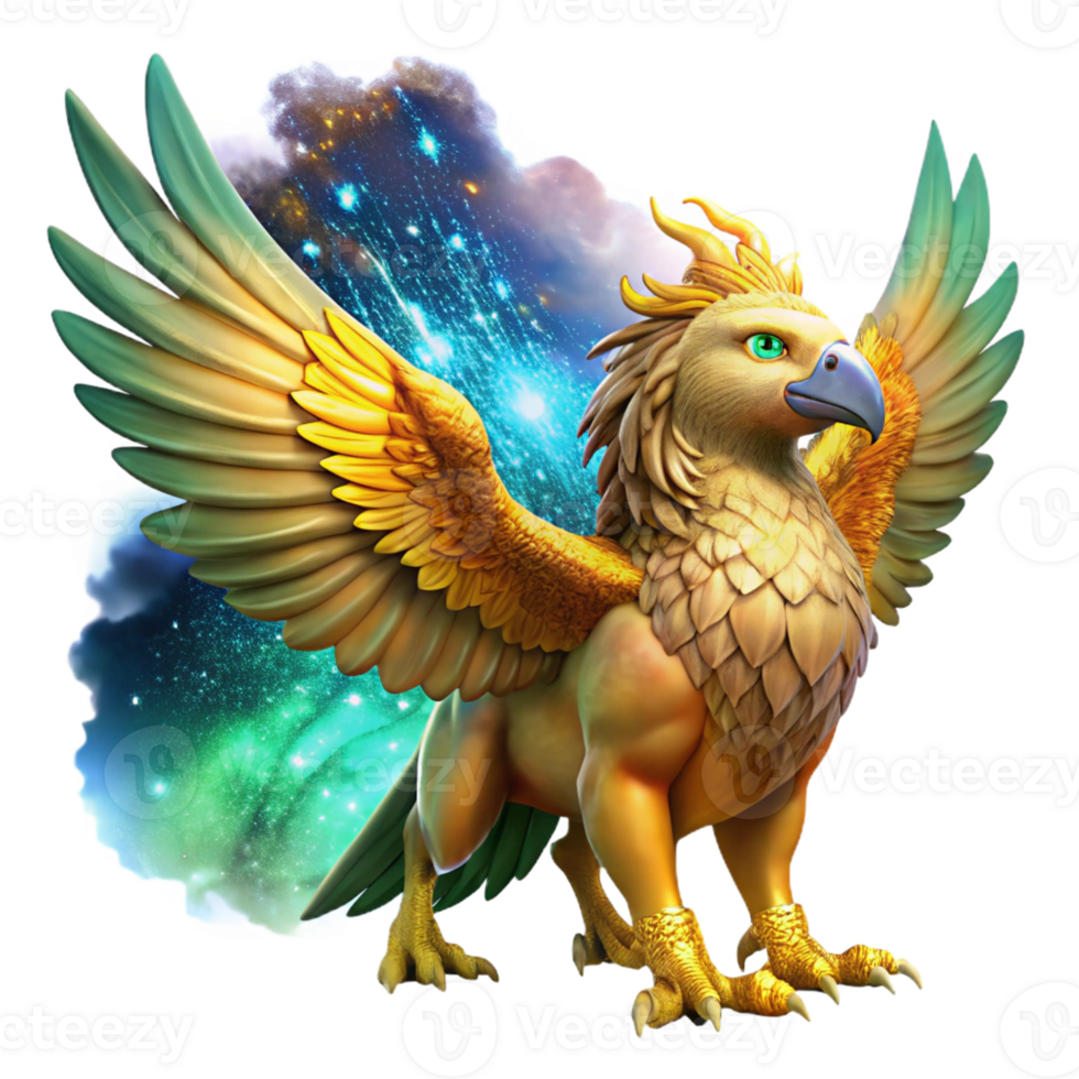wonderful artistic A majestic griffin with golden feathers and piercing emerald eyes soaring through a nebula of vibrant colors. Dramatic, celestial lighting. Digital painting style original png
