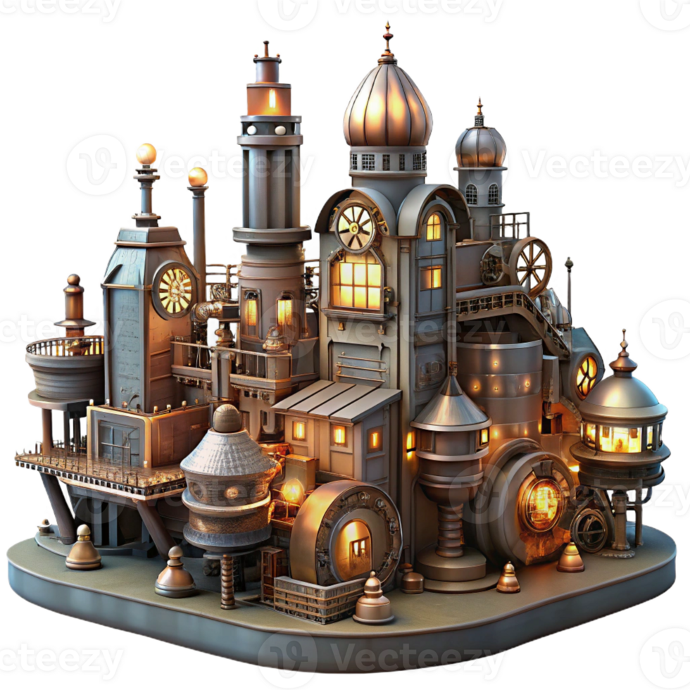 stunning rustic Steampunk cityscape, intricate clockwork buildings, gears and pipes everywhere, lit by flickering gaslights, highly detailed, cinematic premium png