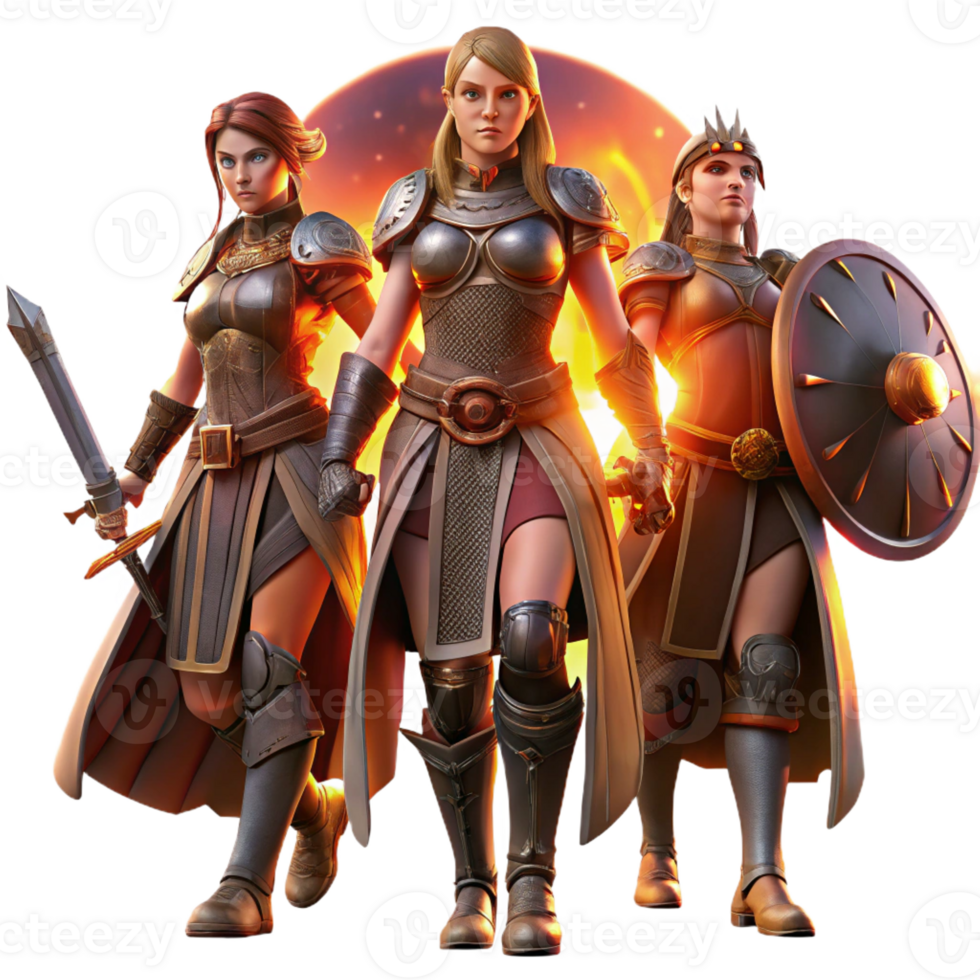 stunning artistic A group of warrior women, armed with swords and shields, standing defiantly, illuminated by a fiery sunset. Epic fantasy style genuine png