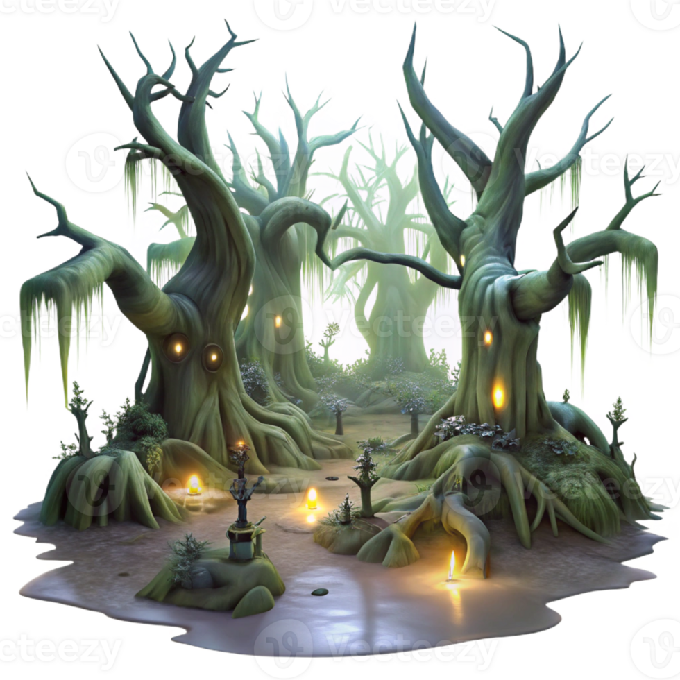 impressive contemporary A haunted, ancient forest filled with twisted, gnarled trees and spectral creatures, lit by the eerie glow of will-o'-the-wisps. Alan Lee, dark fantasy, ethereal exclusive png