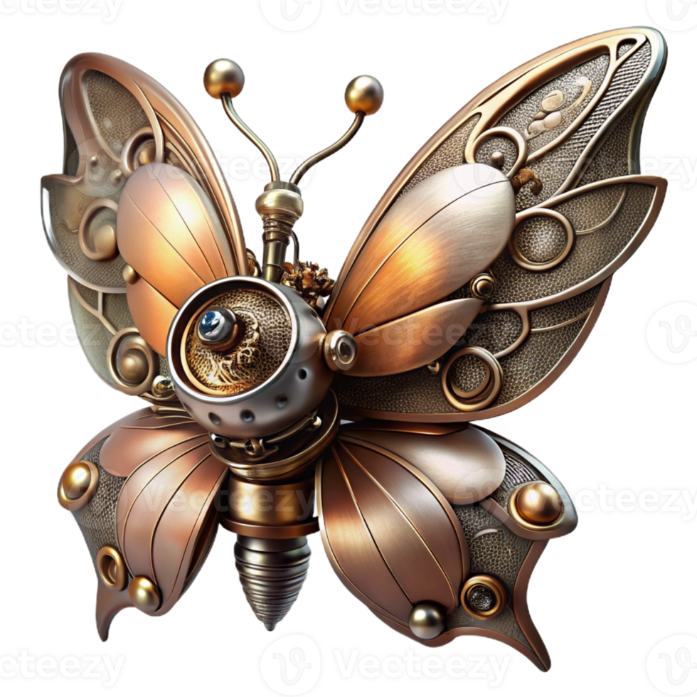 magnificent contemporary A steampunk butterfly, metallic wings with intricate gears, perched on a steam-powered flower, soft diffuse lighting, fantasy art style 4K png