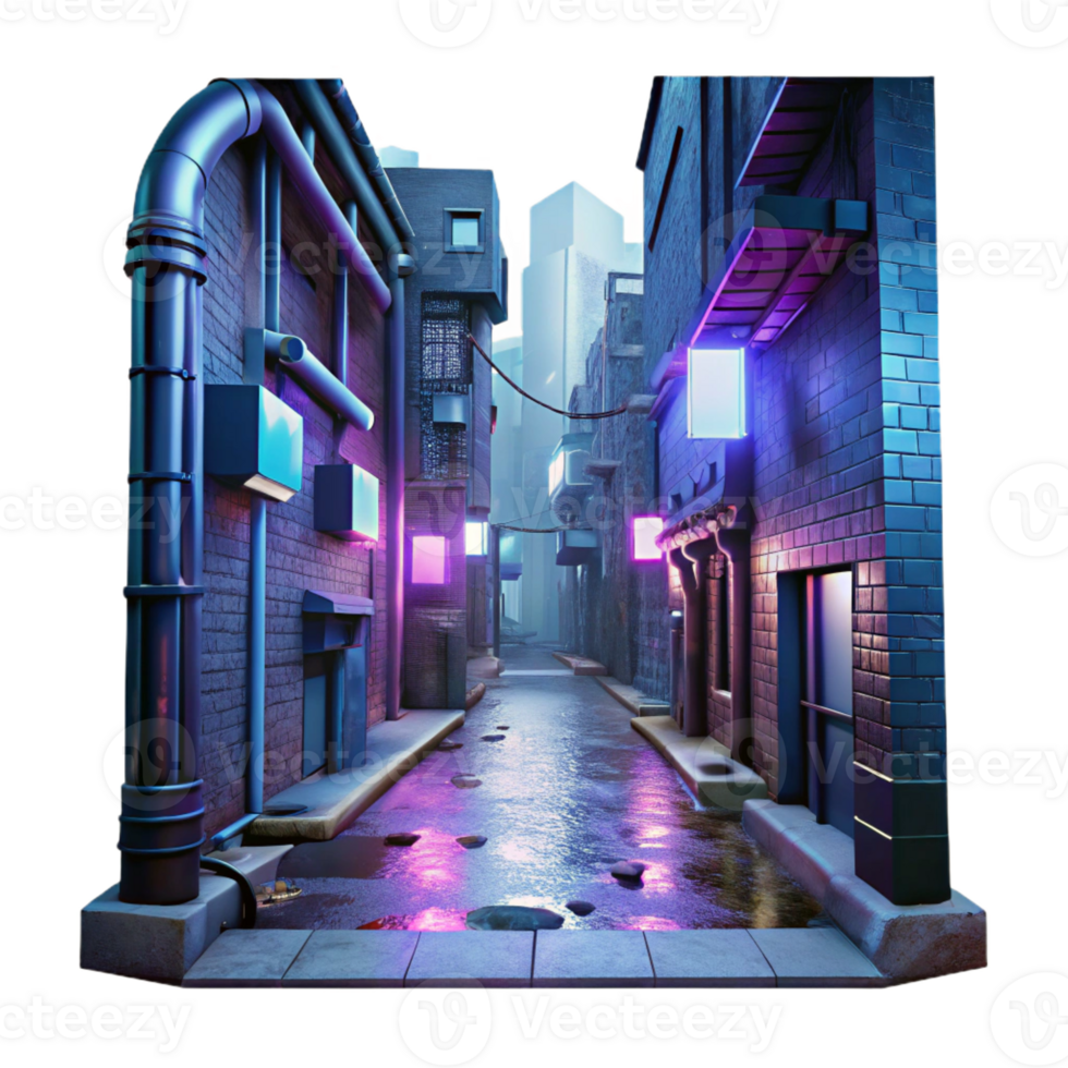 wonderful vintage Cyberpunk alleyway, neon signs, grimy textures, rainy night, dystopian style premium png