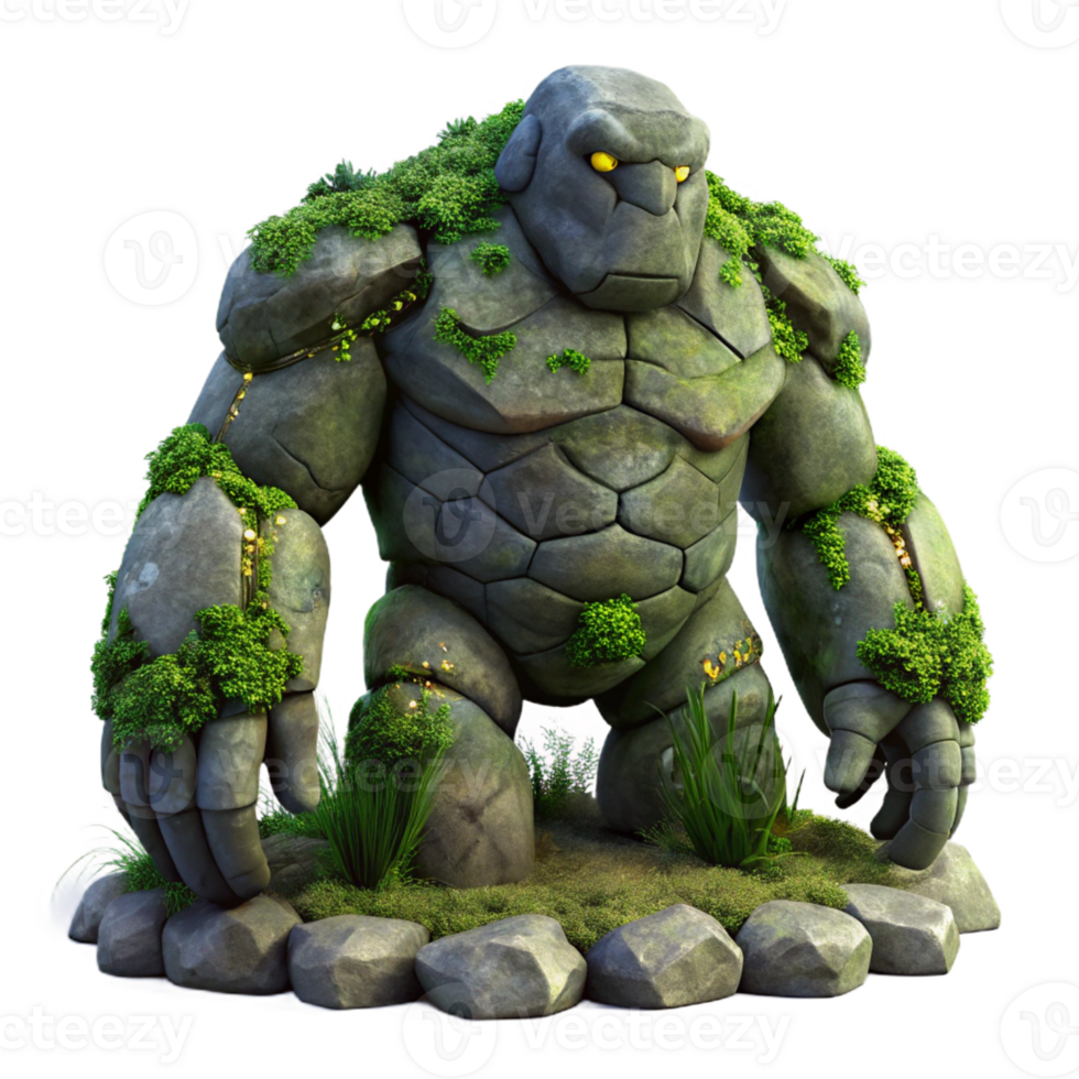 stunning vintage A colossal stone golem awakens from its slumber, covered in moss and vines. Dramatic crepuscular lighting. Dark fantasy style premium png