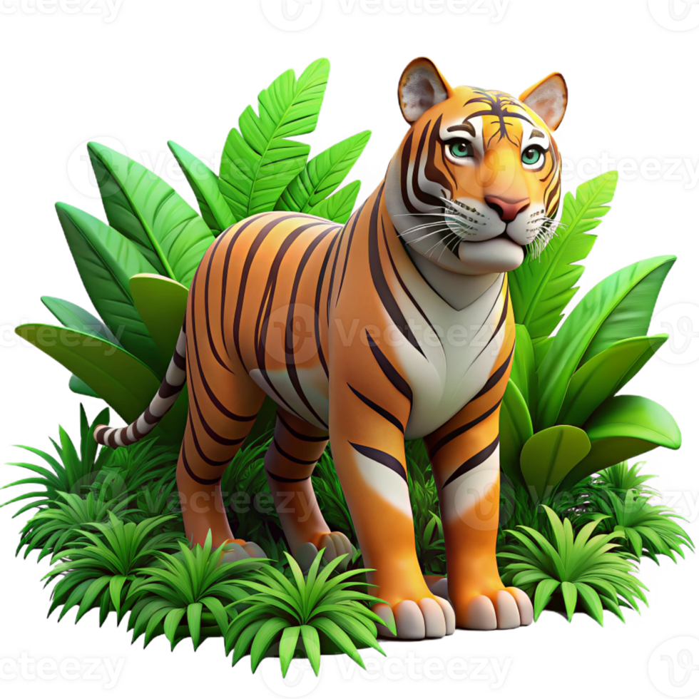 stunning vintage A powerful tiger prowling through the jungle, its stripes vivid against the green foliage, depicted in a fierce, realistic style authentic png