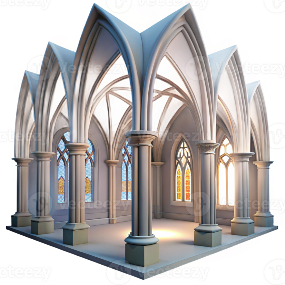 impressive contemporary A medieval cathedral interior, soaring arches, stained glass windows, gothic architecture style, soft diffused light exclusive png