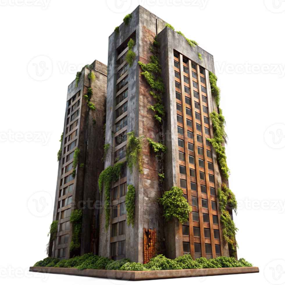 vibrant modern A towering, decaying skyscraper with vines and rust consuming its facade, low-angle shot, oppressive atmosphere, hyperrealistic style, dim, overcast lighting genuine png