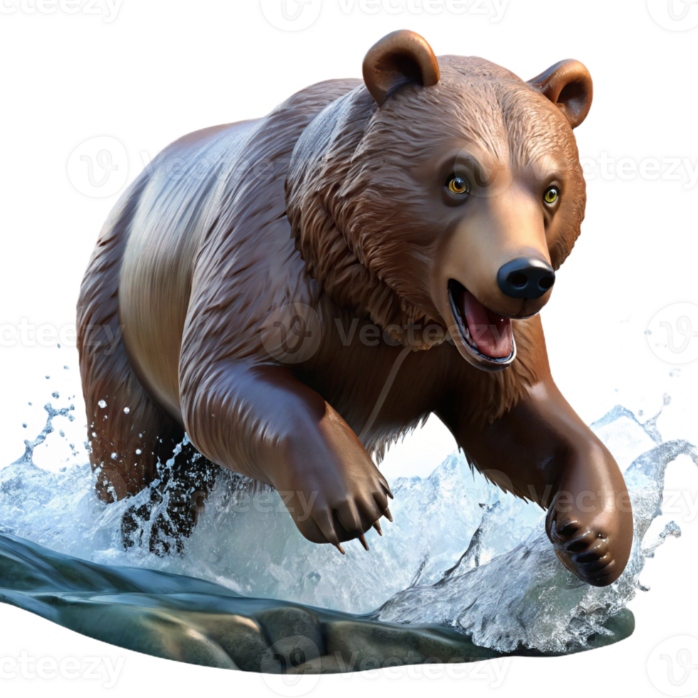 impressive vintage A powerful grizzly bear fishing for salmon in a rushing river, spray of water and dynamic action. Wildlife photography style detailed png