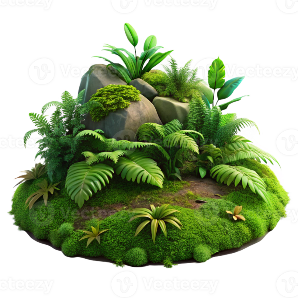 dramatic artistic A lush green forest floor covered in moss and ferns, detailed textures, natural lighting detailed png