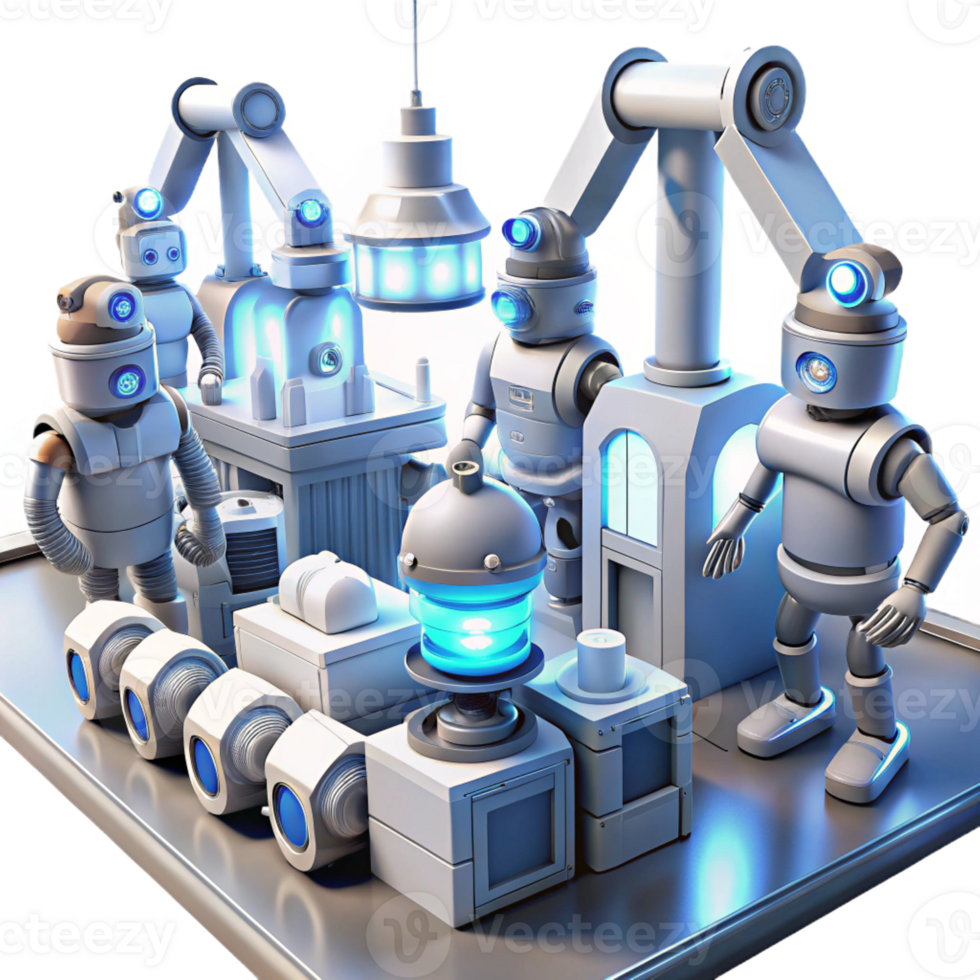 elegant modern A group of robots working in a futuristic factory, assembling complex machinery, illuminated by the bright, white light of industrial lamps. Industrial science fiction style detailed png