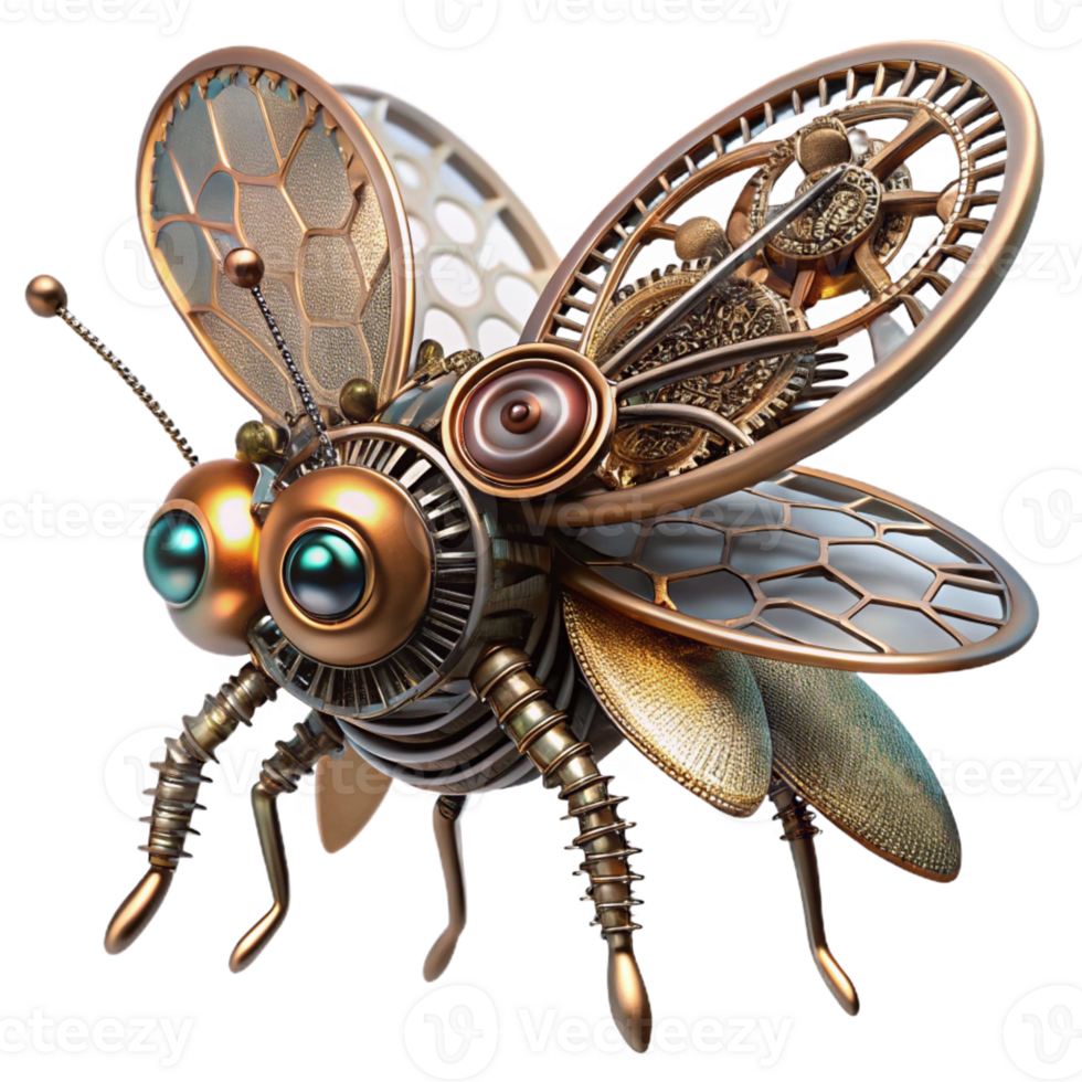 impressive abstract A detailed steampunk insect crafted from gears and springs, perched on a metal flower, brightly lit, macro photography style high resolution png