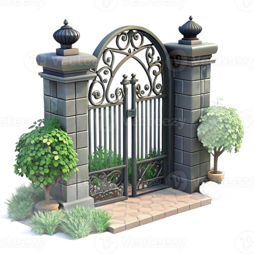 beautiful modern A wrought-iron gate guarding an urban garden, intricate details, soft afternoon light, romantic atmosphere exclusive png
