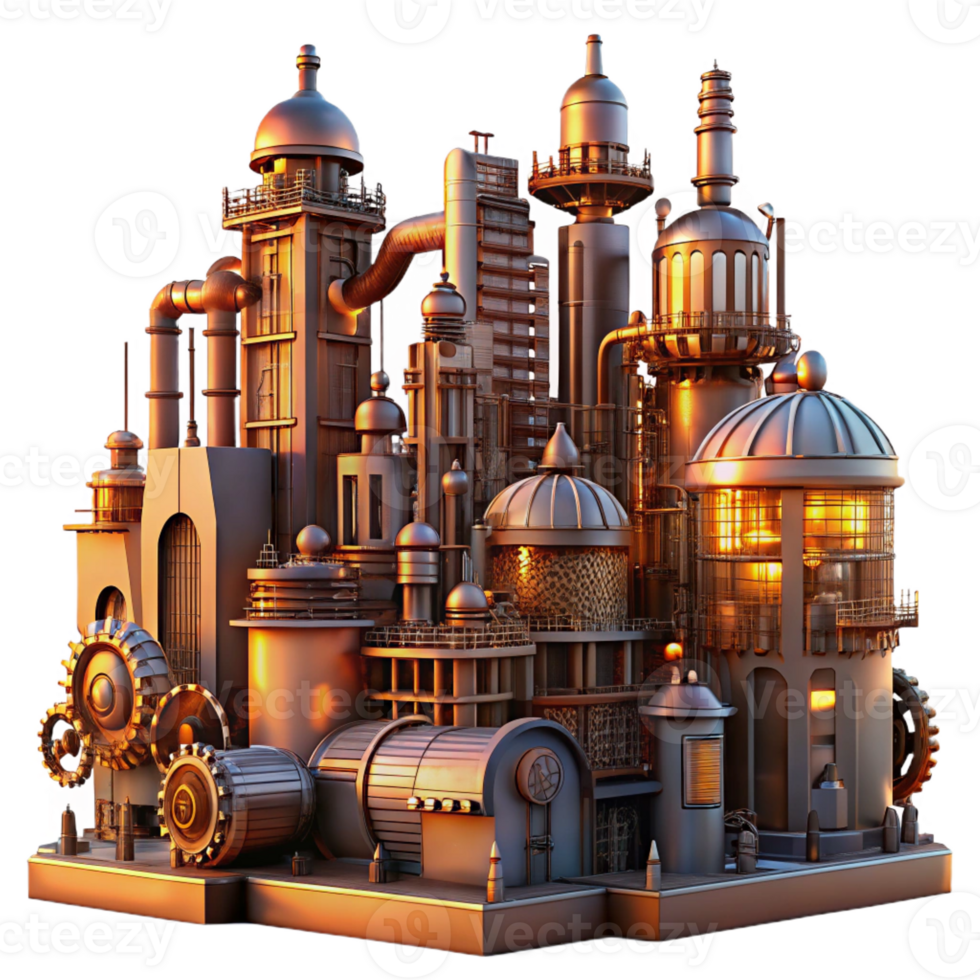 vibrant artistic A steampunk cityscape, towering buildings with intricate pipes and gears, bathed in the orange glow of a setting sun, detailed painting style high resolution png