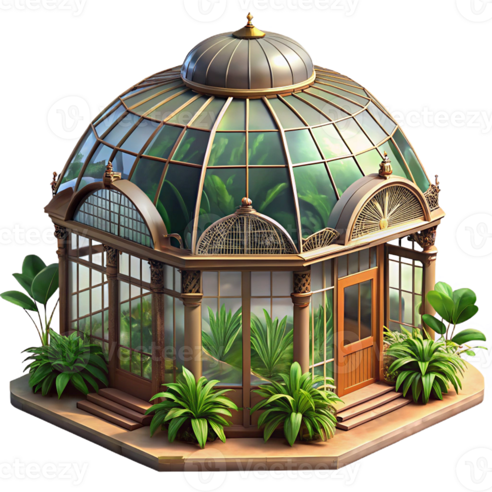 elegant minimalist A grand Victorian greenhouse filled with exotic plants, soft filtered sunlight, botanical illustration style authentic png