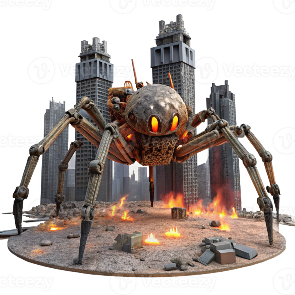 magnificent creative A giant, robotic spider walking through a ruined city, illuminated by the flickering flames of burning buildings. Dystopian style original png