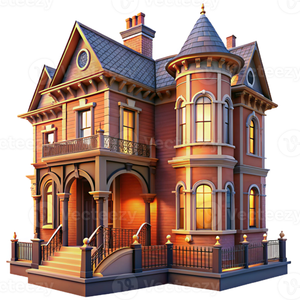 magnificent minimalist Victorian townhouse, detailed brickwork, wrought iron railings, warm evening light, painterly style original png