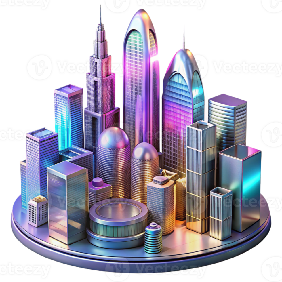 beautiful contemporary A futuristic cityscape with towering skyscrapers made of glass and steel, reflecting the vibrant colors of a holographic advertisement. Art deco style detailed png