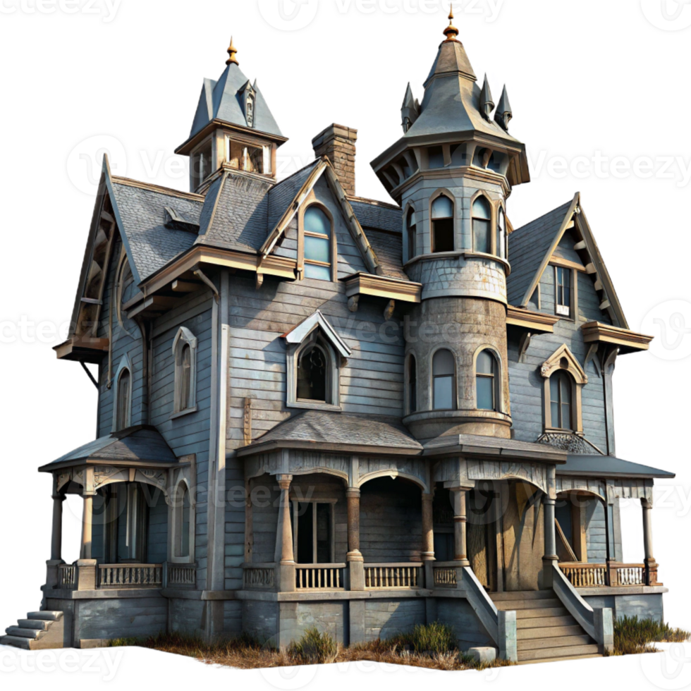 magnificent contemporary A dilapidated Victorian mansion with broken windows and peeling paint, overcast daylight, gothic horror style original png