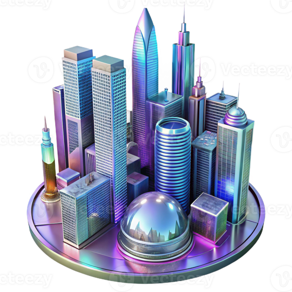 dramatic modern A futuristic cityscape with towering skyscrapers made of glass and steel, reflecting the vibrant colors of a holographic advertisement. Art deco style exclusive png