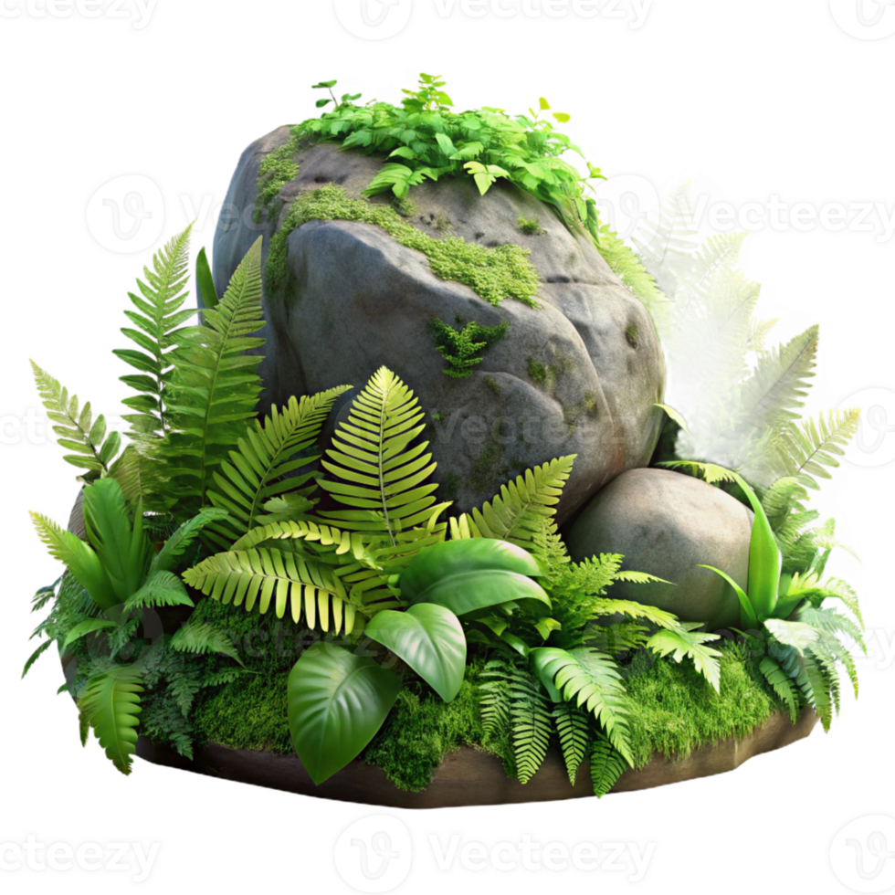 stunning abstract A mossy rock covered in ferns in a rainforest, diffused light, photorealistic style premium png