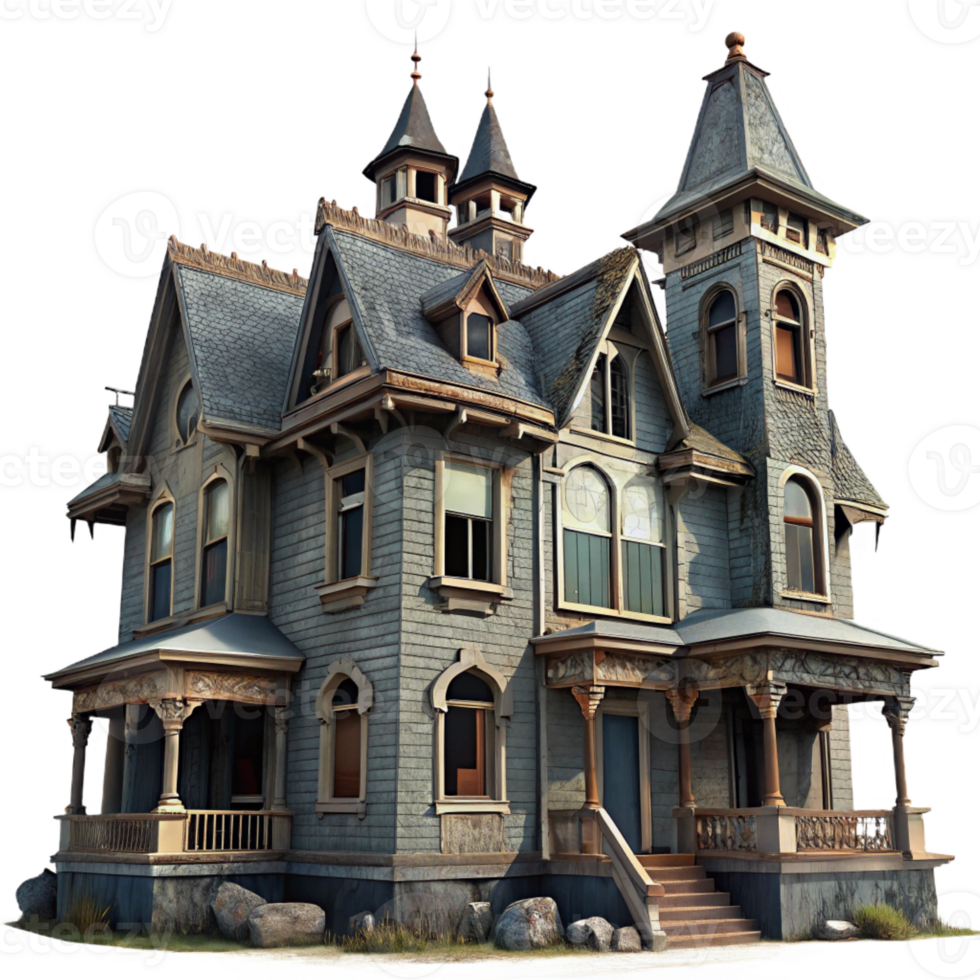beautiful artistic A dilapidated Victorian mansion with broken windows and peeling paint, overcast daylight, gothic horror style detailed png