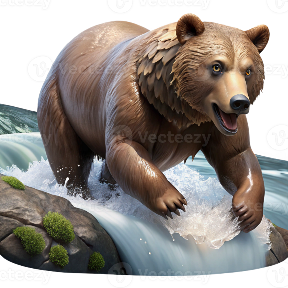extraordinary modern A powerful grizzly bear fishing for salmon in a rushing river, dramatic lighting, wildlife photography style detailed png