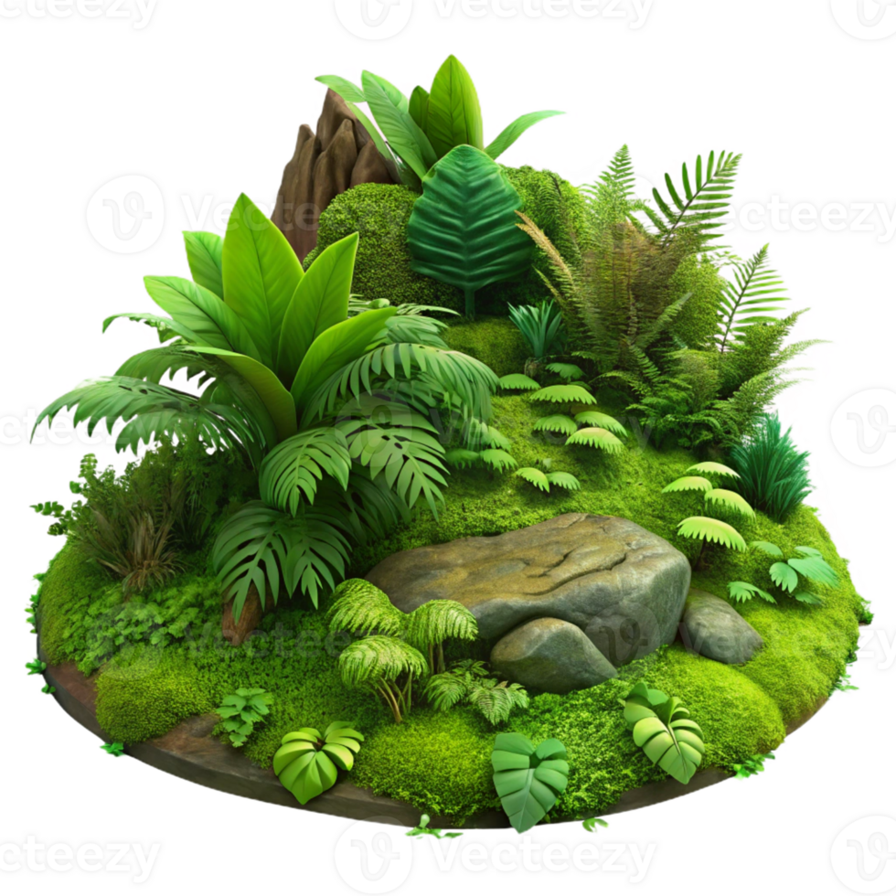 wonderful minimalist A lush green forest floor covered in moss and ferns, detailed textures, natural lighting high quality png