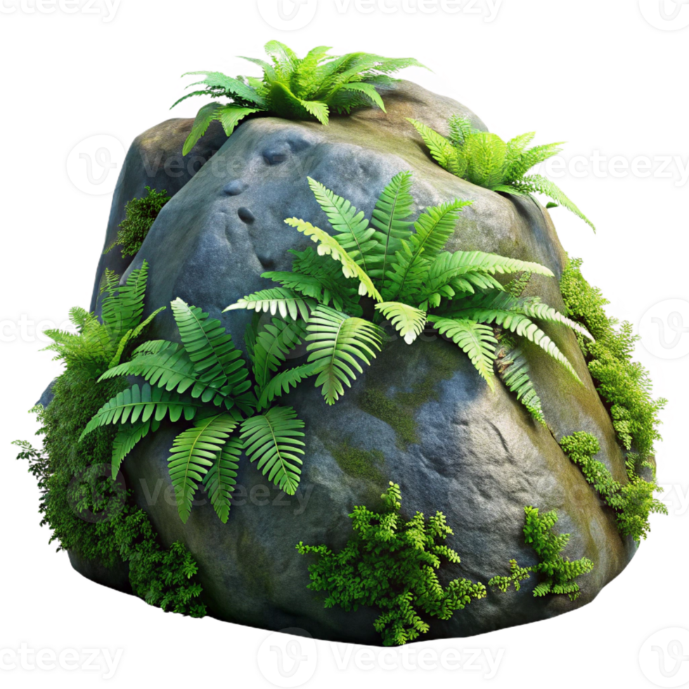 stunning contemporary A mossy rock covered in ferns in a rainforest, diffused light, photorealistic style high resolution png