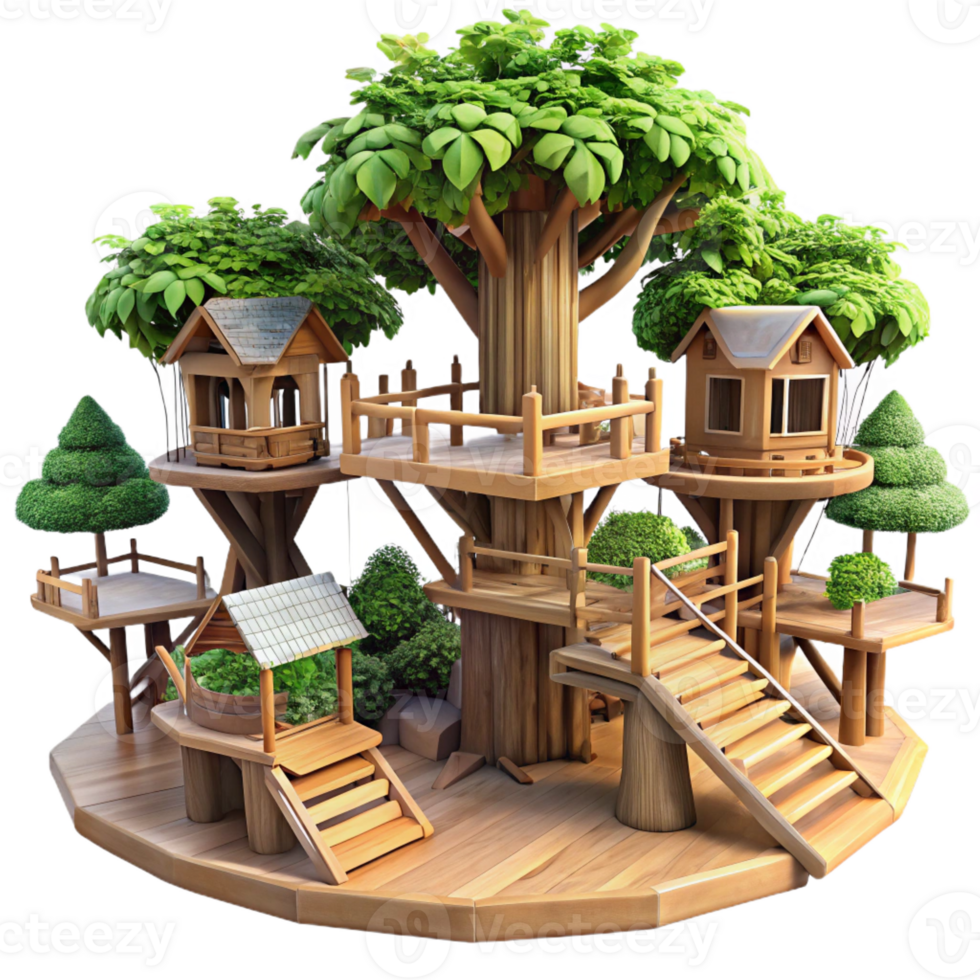 beautiful abstract Treehouse village, interconnected wooden platforms, lush foliage, dappled sunlight, fantasy style authentic png