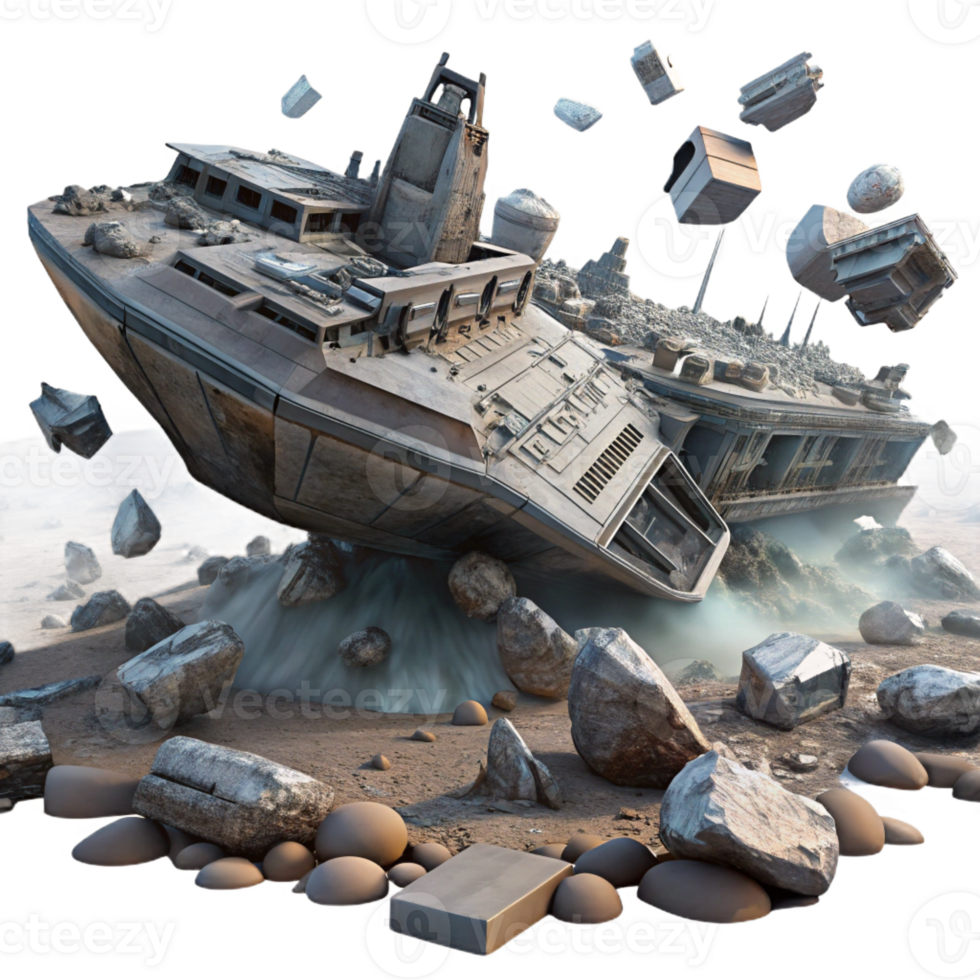 serene rustic A spaceship graveyard, filled with derelict ships and debris, floating in the vast expanse of space. Dystopian aesthetic, gritty textures, dramatic lighting 4K png