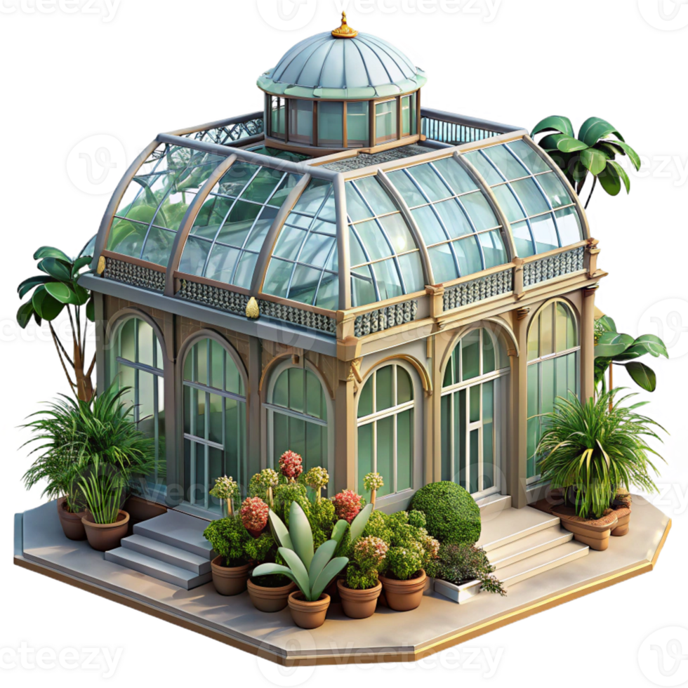 magnificent artistic A grand Victorian greenhouse filled with exotic plants, soft filtered sunlight, botanical illustration style high resolution png