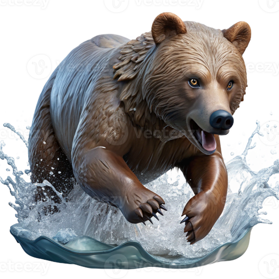 dramatic vintage A powerful grizzly bear fishing for salmon in a rushing river, spray of water and dynamic action. Wildlife photography style 4K png