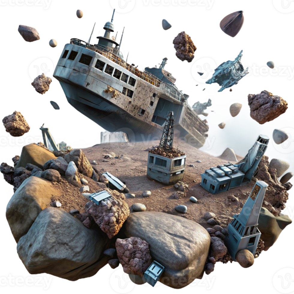 serene abstract A spaceship graveyard, filled with derelict ships and debris, floating in the vast expanse of space. Dystopian aesthetic, gritty textures, dramatic lighting exclusive png