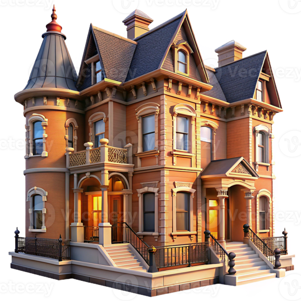 serene rustic Victorian townhouse, detailed brickwork, wrought iron railings, warm evening light, painterly style high resolution png