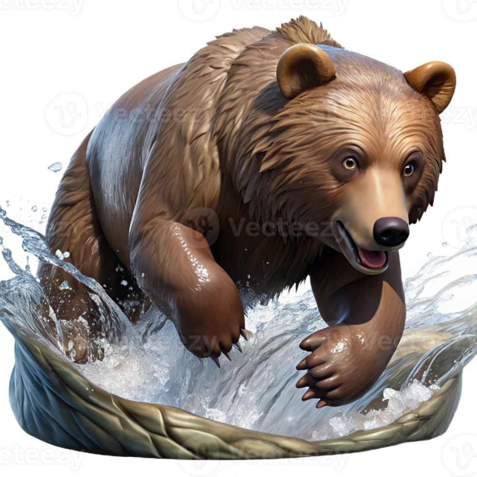 dramatic rustic A powerful grizzly bear fishing for salmon in a rushing river, dynamic and action-packed style, realistic water splashes exclusive png