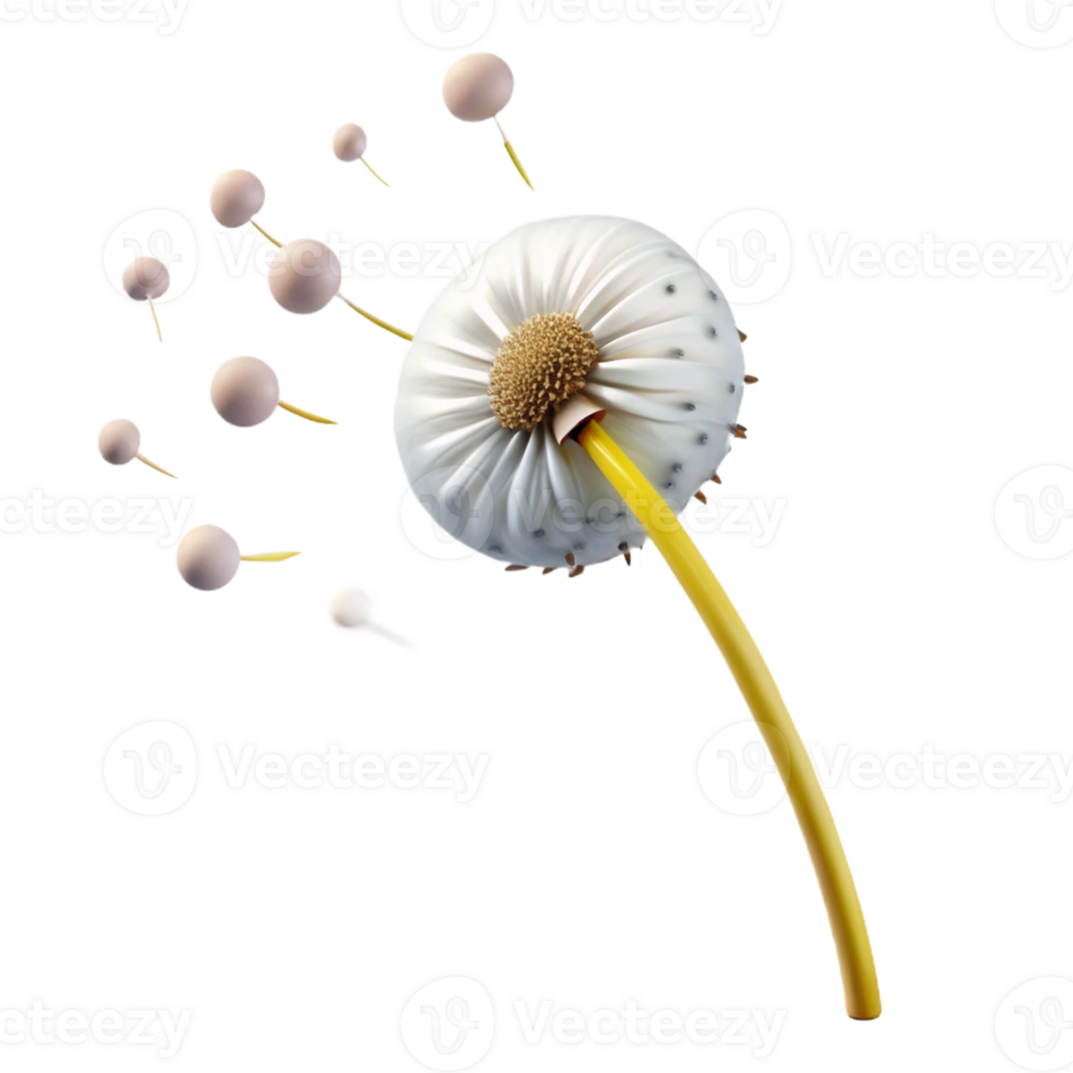 vibrant modern A lone dandelion seedhead with seeds blowing in the wind, soft diffused light, macro photography style high resolution png