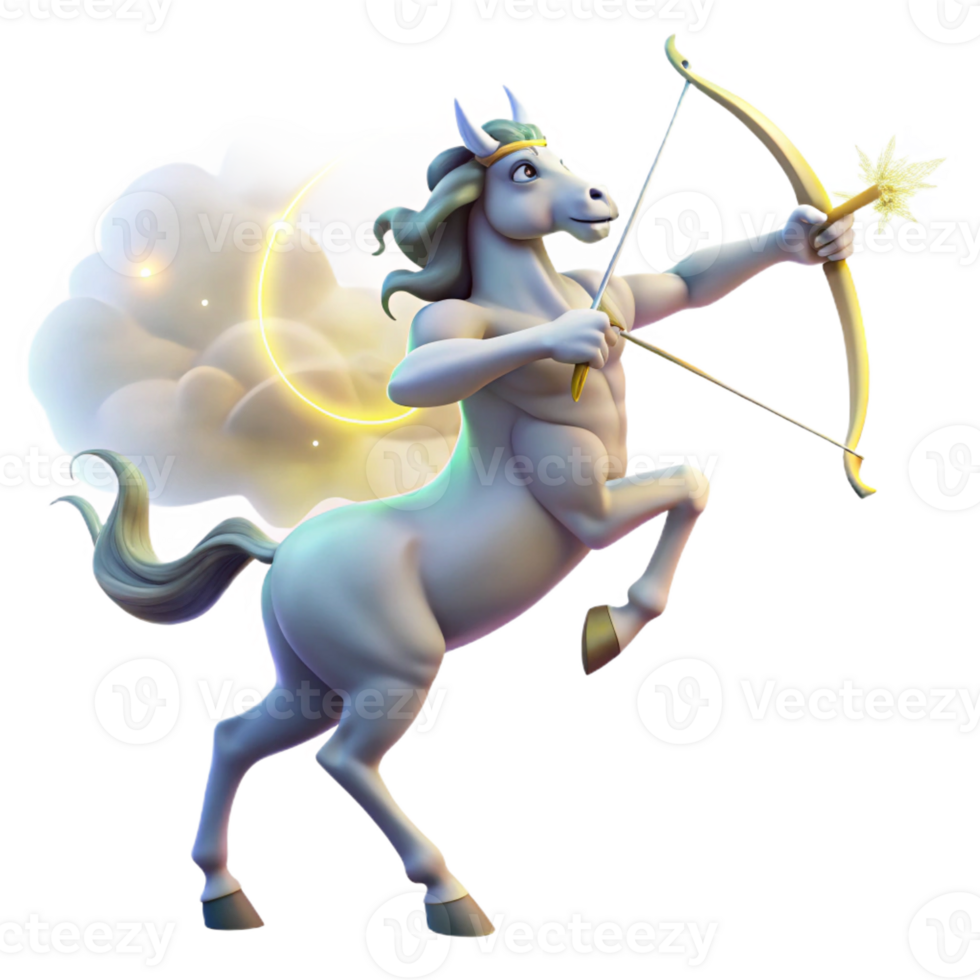 serene artistic A wise centaur, drawing back an arrow on a mystical bow, surrounded by a swirling aura of celestial energy. Soft, magical lighting. Art Deco style 4K png