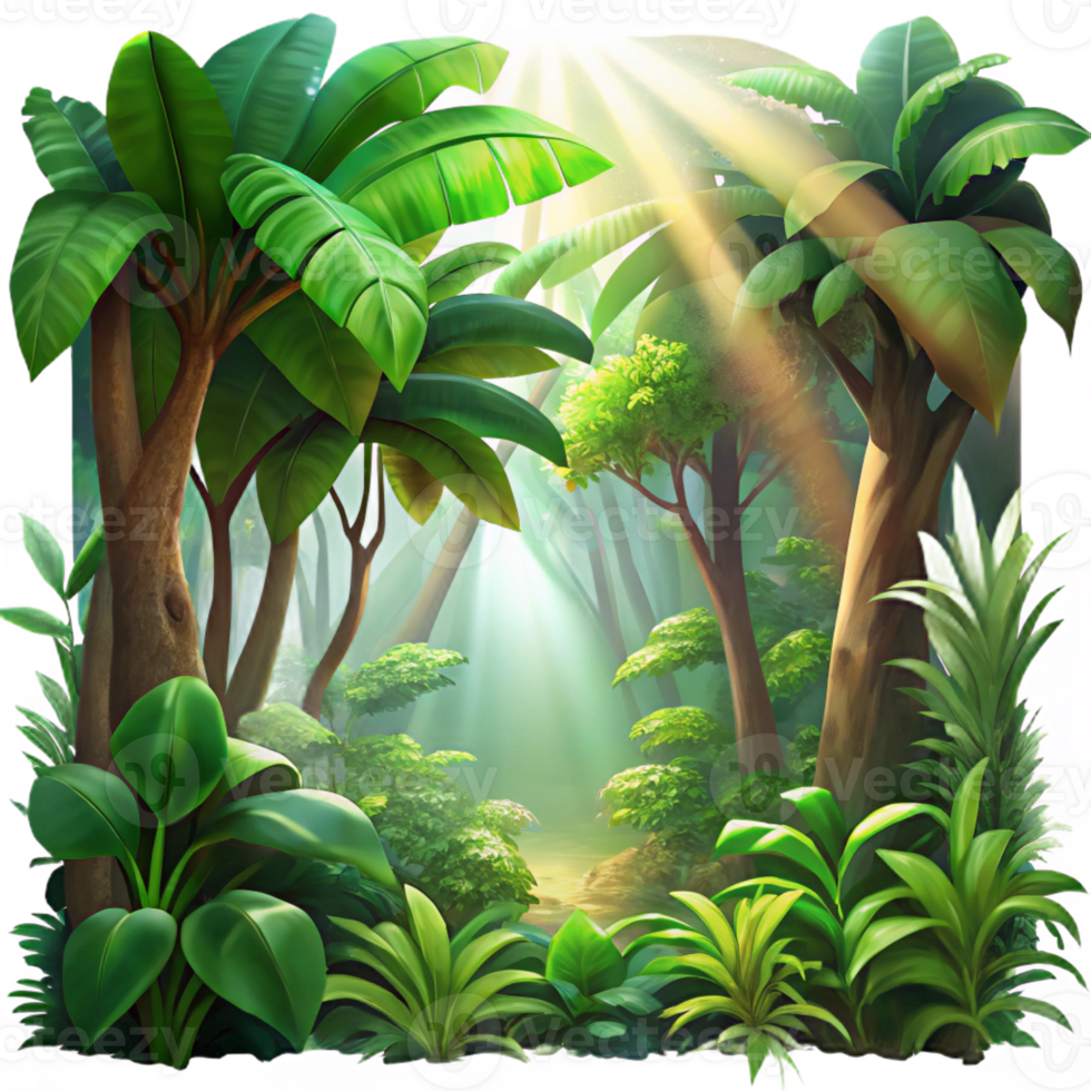 magnificent abstract A lush, tropical rainforest canopy, sunlight filtering through the leaves, with a vibrant, impressionistic painting style high resolution png