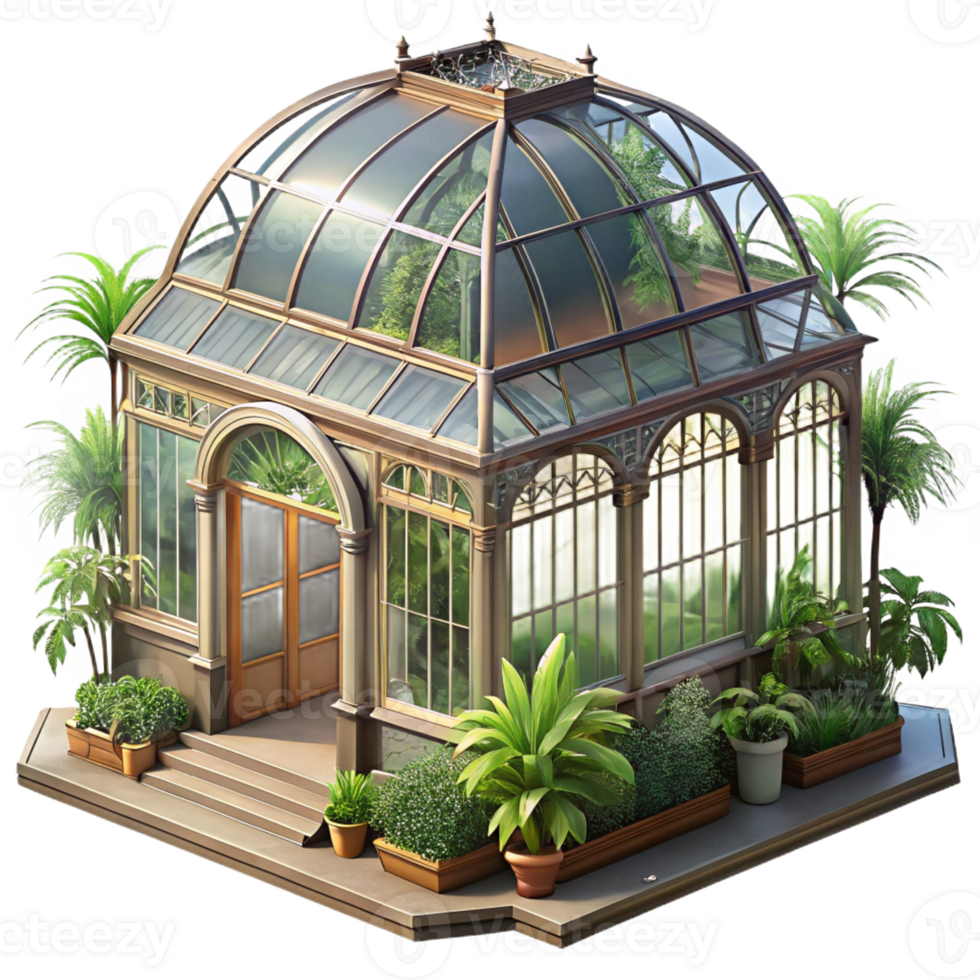dramatic artistic A grand Victorian greenhouse filled with exotic plants, soft filtered sunlight, botanical illustration style high quality png