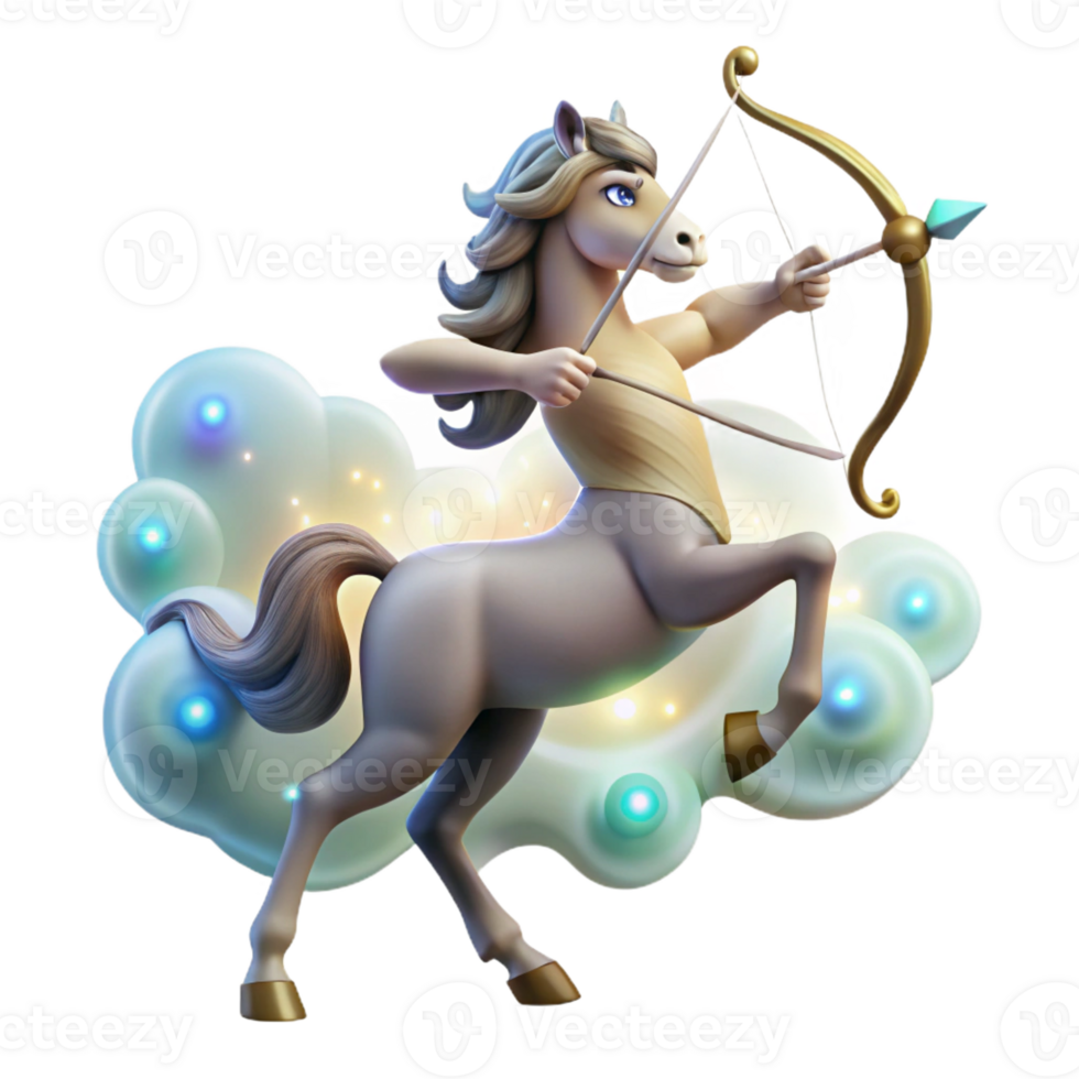 stunning vintage A wise centaur, drawing back an arrow on a mystical bow, surrounded by a swirling aura of celestial energy. Soft, magical lighting. Art Deco style 4K png