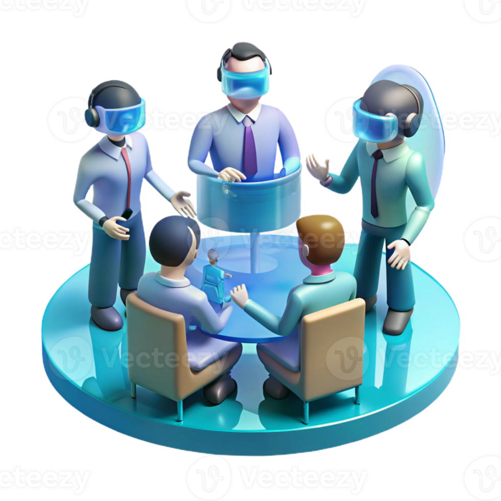 magnificent modern A group of people collaborating in a virtual meeting, holographic avatars, futuristic office setting professional png