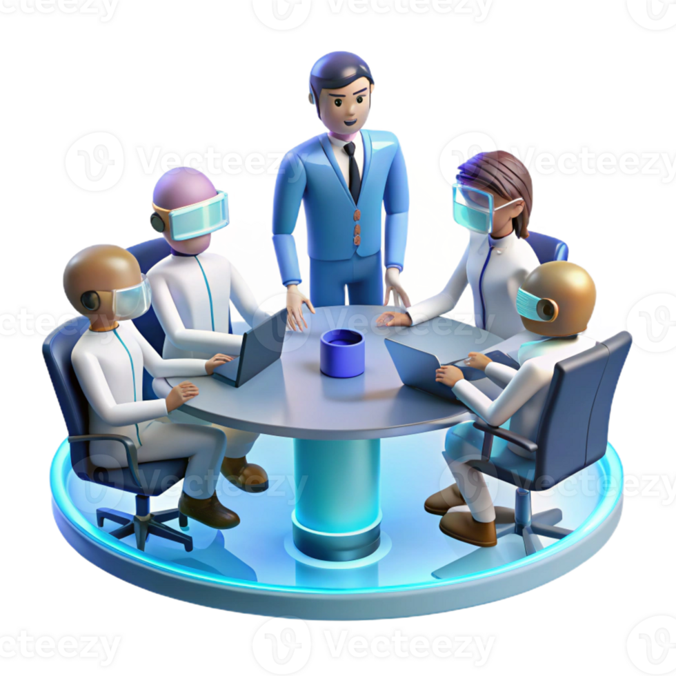serene rustic A group of people collaborating in a virtual meeting, holographic avatars, futuristic office setting detailed png