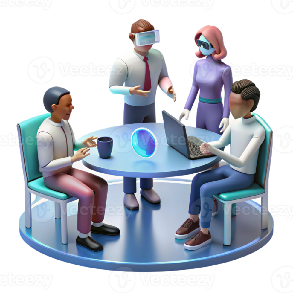 vibrant artistic A group of people collaborating in a virtual meeting, holographic avatars, futuristic office setting premium png
